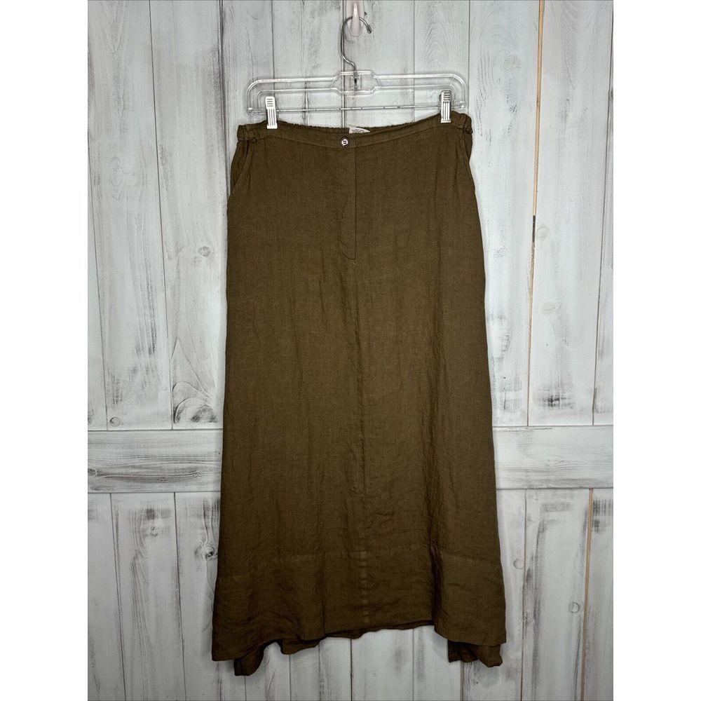 CP SHADES MIDI MAXI SKIRT BROWN 100% LINEN ELASTIC BACK WAIST BOHO POCKETS SZ M